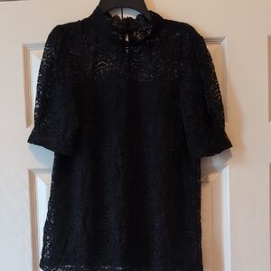 Adiva Black Lace Fitted Blouse with Mandarin Collar
